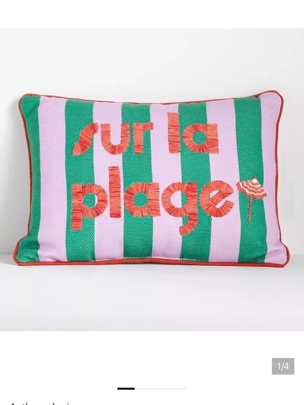 Anthropologie Green & Pink Striped 'Sur La Plage' Embroidered Accent Pillow